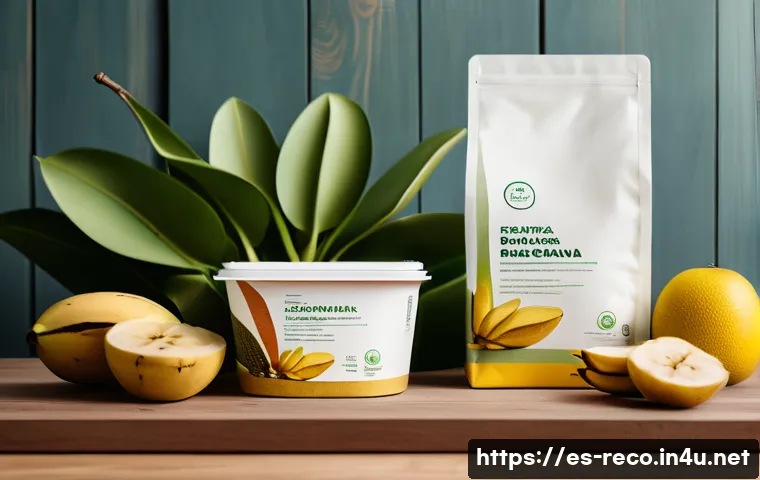 생태환경 관련 창업 아이디어 - A modern eco-friendly packaging design scene showcasing biodegradable materials made from starch and...