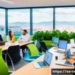 Home 19 생태환경 관련 정책 변화와 대응법 - A modern corporate office in a bustling Spanish city, featuring diverse professionals engaged in a s...
