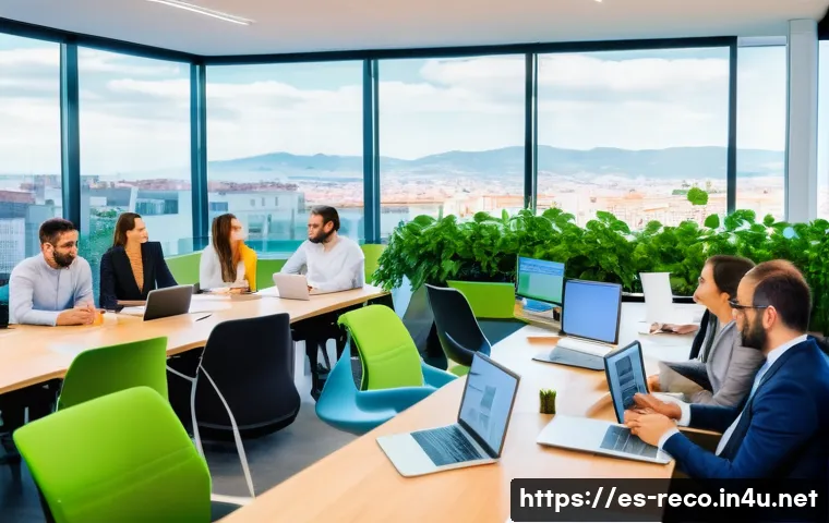 생태환경 관련 정책 변화와 대응법 - A modern corporate office in a bustling Spanish city, featuring diverse professionals engaged in a s...