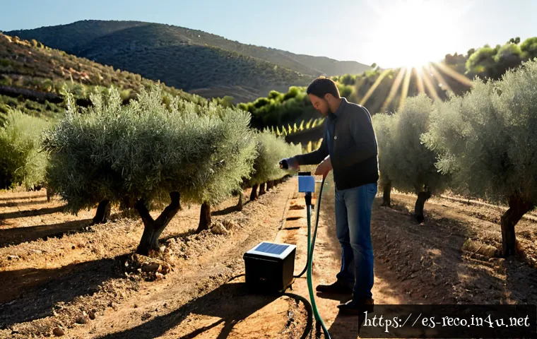환경기술의 실무 활용 사례 - Photorealistic environmental engineer in a sunlit Spanish olive grove inspecting a compact solar-pow...